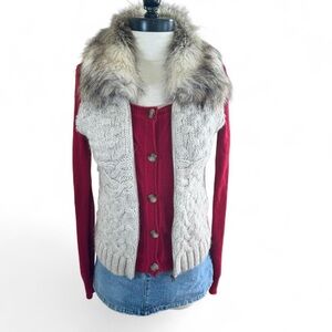 LOFT Knit Vest with Faux Fur Trim - Small Petite